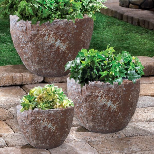 Set of Three 21" Brown Stone Indoor Outdoor Round Pot Planter - Image 3