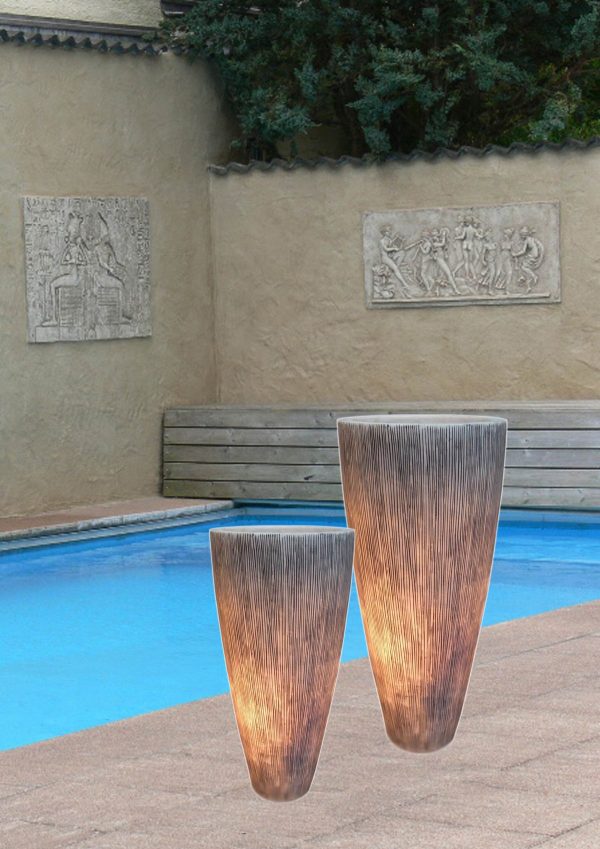 1 X 18 X 39 Gray Sandstone Ribbed Long Conical  Planter With Light - Image 3
