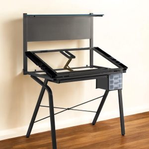 26" Adjustable Clear and Gray Glass Drafting Table With Three Drawers