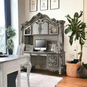 21" Platinum Solid Wood Peninsula Wall Mounted Computer Desk With Four Cabinets Five Drawers