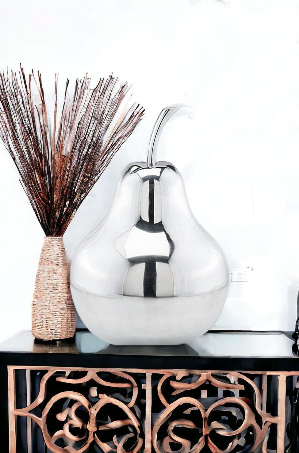 17" Silver Buffed Aluminum Decorative Pear Tabletop Sculpture - Image 3