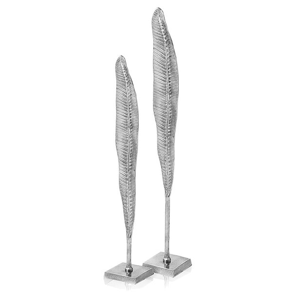 Set of Two Silver Aluminum Tall Feather Tabletop Sculptures - Image 3