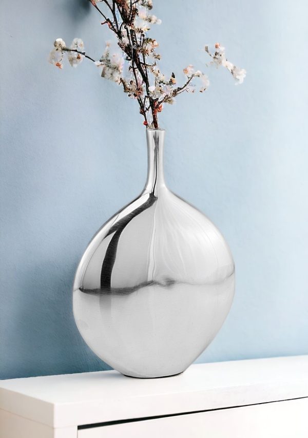 12" Silver Aluminum Long Neck Round Disc Table Vase - Image 2