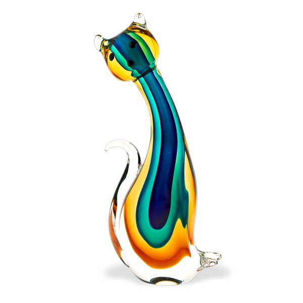 12" Clear Yellow Green Black Murano Glass Cat Figurine Tabletop Sculpture - Image 2