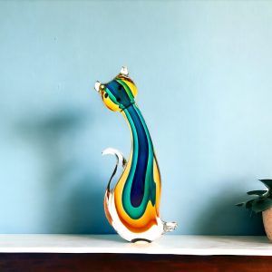 12" Clear Yellow Green Black Murano Glass Cat Figurine Tabletop Sculpture