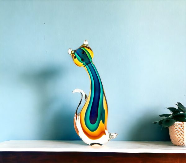 12" Clear Yellow Green Black Murano Glass Cat Figurine Tabletop Sculpture