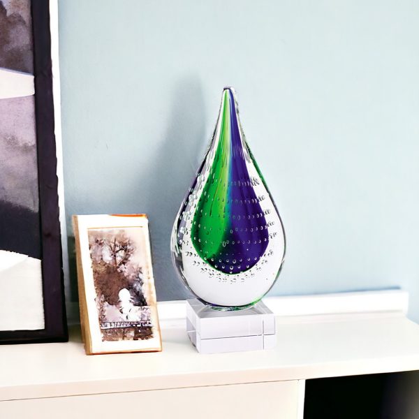 9" Clear Blue and Green Murano Glass Modern Abstract Tabletop Sculpture - Image 2