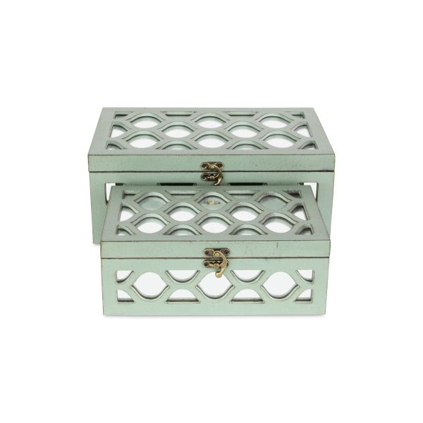 Set Of 2 Blue Wooden Boxes With Overlayed Mirror Panels - Image 2