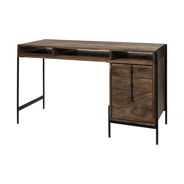 Medium Brown Wooden Writing Desk With 3 Drawers And 3 Open Shelves - Image 2