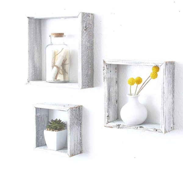 Set Of 3 Square Rustic White Wash Wood Open Box Shelve - Image 2