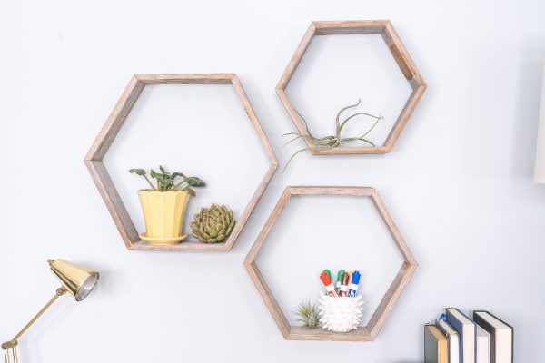 Set Of 3 Hexagon Rustic Natural Weathered Grey Wood Open Box Shelve - Image 2