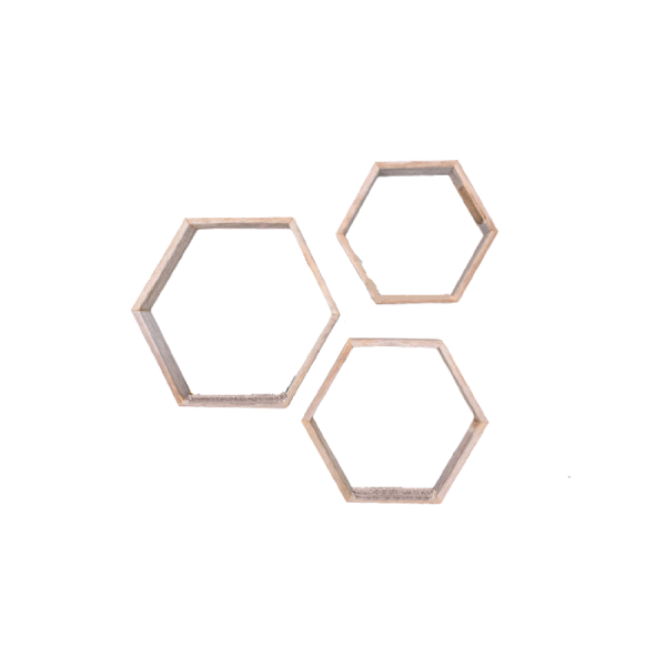 Set Of 3 Hexagon Rustic Natural Weathered Grey Wood Open Box Shelve - Image 3