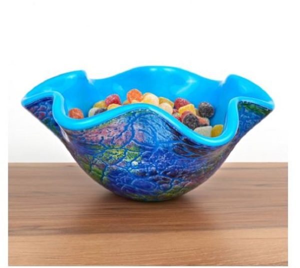 9" Modern Blue And Green Glass Centerpiece Bowl - Image 3
