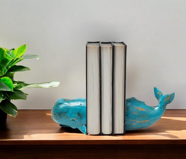 Set of Two Aqua Resin Whale Decorative Bookends - Image 3