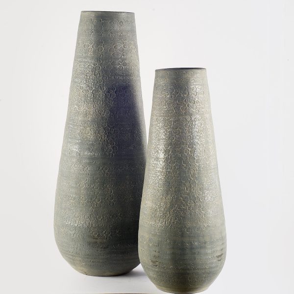 39" Rustic Gray And Gold Textured Ceramic Floor Vase - Image 2
