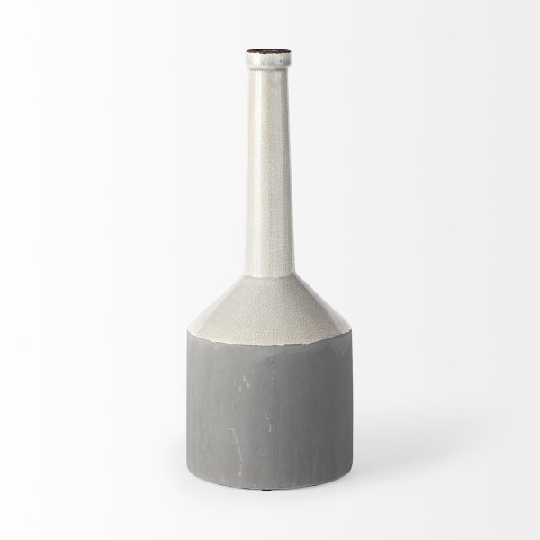 16" Gray and Off White Ceramic Tall Jug Vase - Image 3