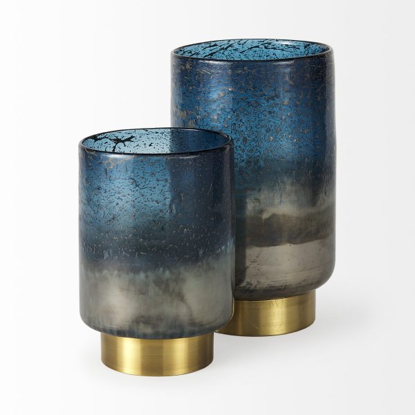 8" Blue And Gold Abstract Cylinder Crystal Glass Table Vase - Image 3