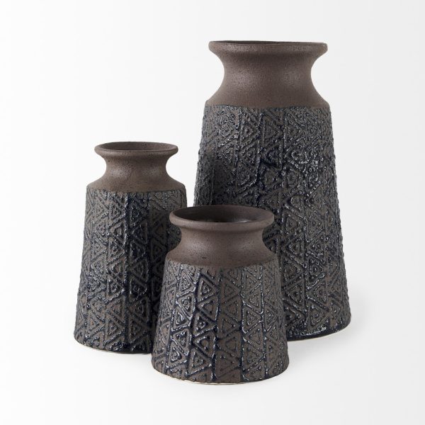 7" Brown and Blue Tribal Ceramic Vase - Image 3