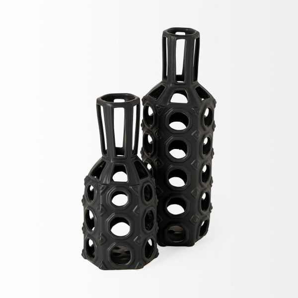 9" Black Abstract Cylinder Metal Table Vase - Image 3