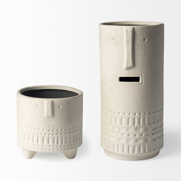 14" Bohemian Beige Happy Face Tribal Vase - Image 3