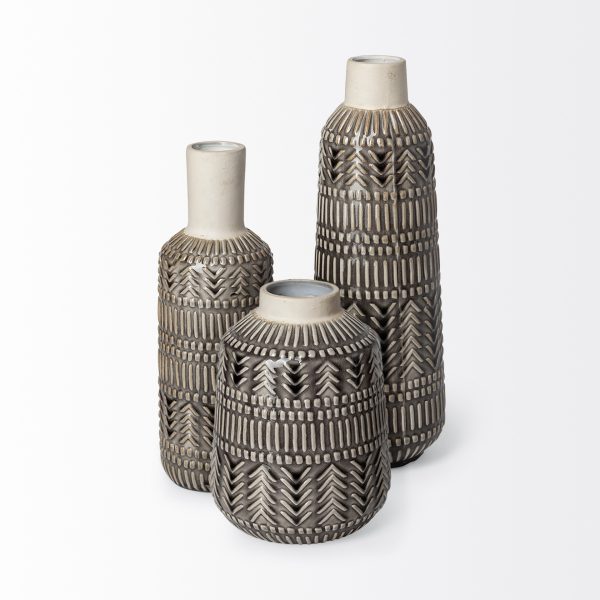 14" Black and Cream Organic Glaze Chevron Embossed Ceramic Vase - Image 3