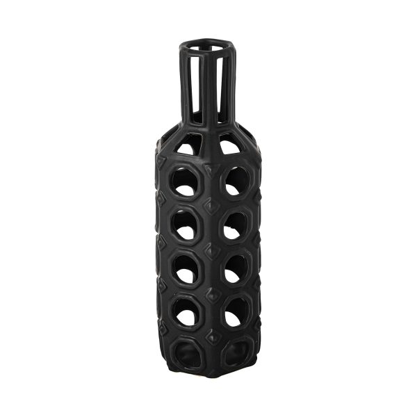 12" Black Ceramic Pierced Geometric Cylinder Table Vase - Image 2