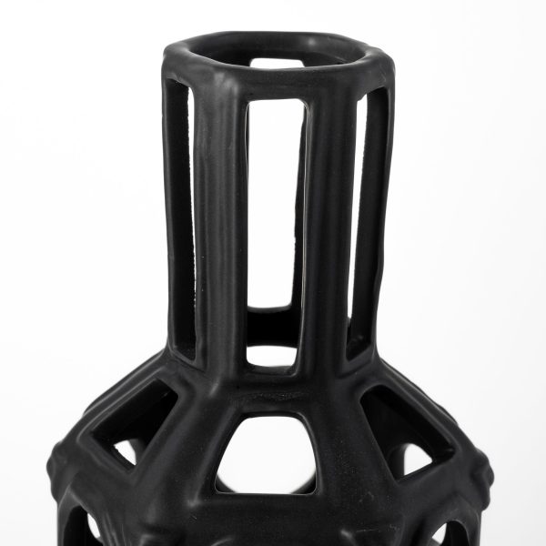 12" Black Ceramic Pierced Geometric Cylinder Table Vase - Image 3