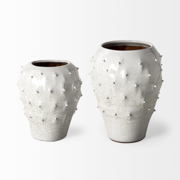 14" White Spiked Organic Glaze Large Mouth Ceramic Vase - Image 3