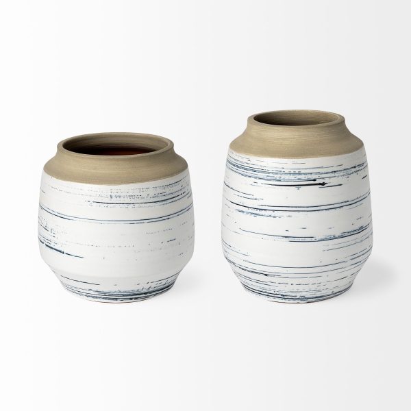 10" Blue White and Sand Coastal Ceramic Vase - Image 3
