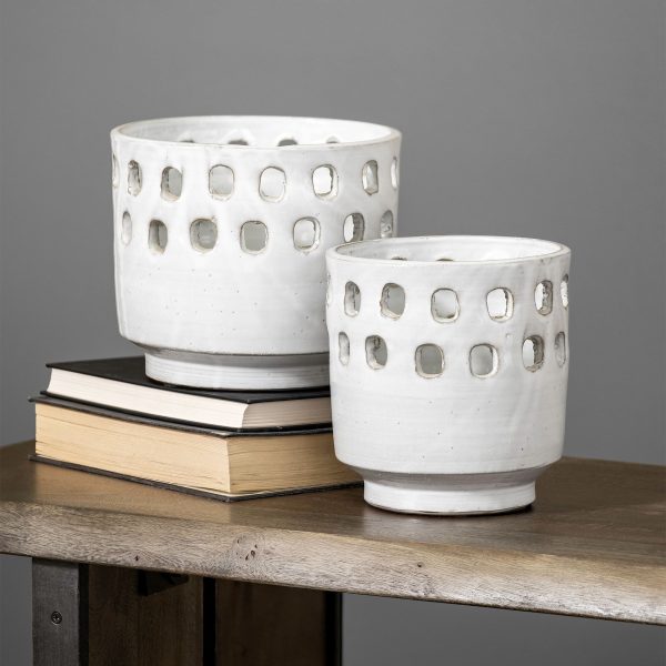 Set of Two White Abstract Cylinder Ceramic Table Vase - Image 3