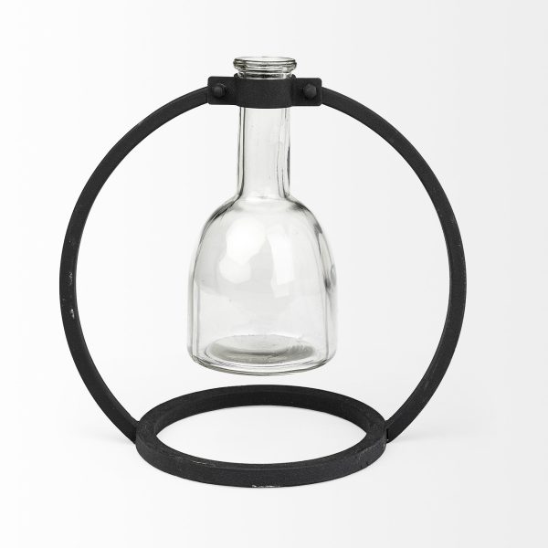 8" Clear and Black Glass and Metal Abstract Cylinder Table Vase - Image 3