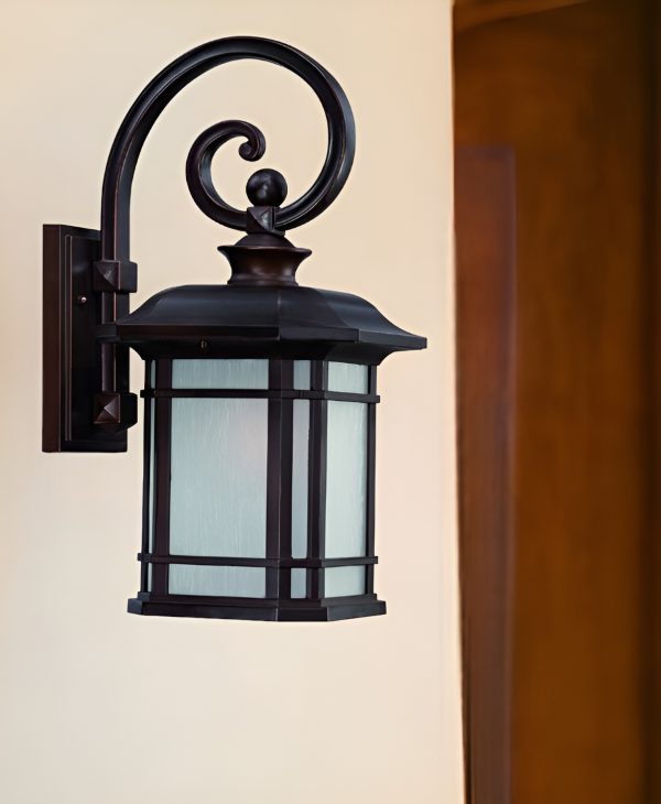 XL Antique Bronze Frosted Linen Glass Lantern Wall Light - Image 2