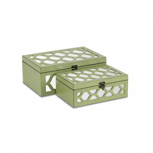 Set of Green Quatrefoil Mirror Jewelry Storage Boxes - Image 2
