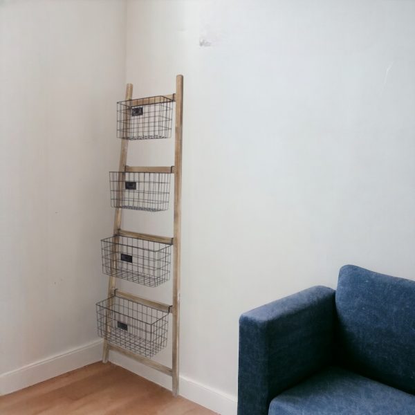Wooden Ladder Storage Piece with 4 Baskets - Image 2