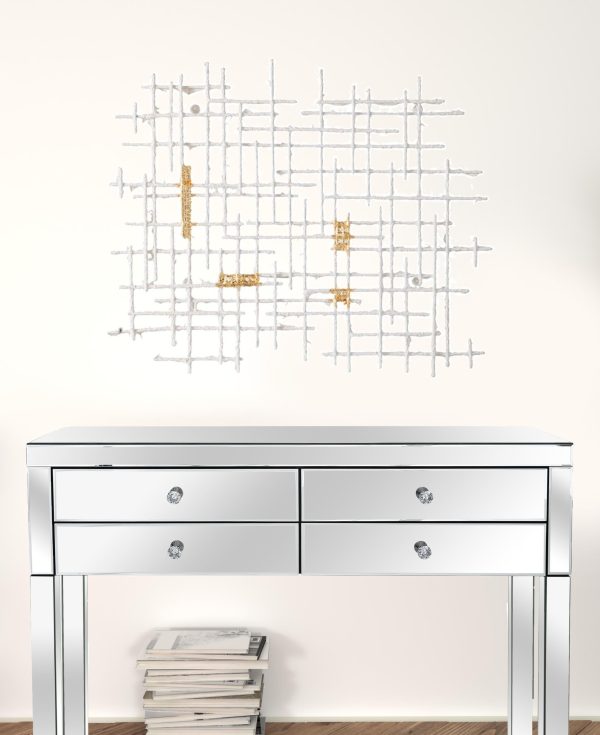 Contemporary Large White and Gold Geo Grid Wall Art - Image 2
