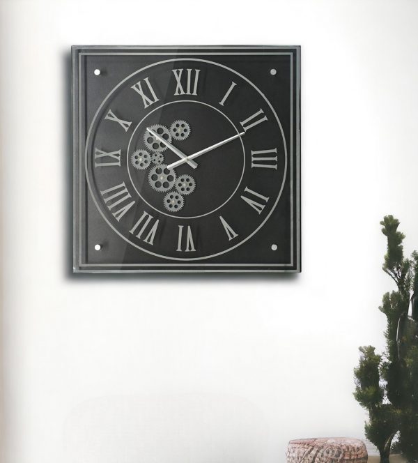 24" Black and Silver Vintage Style Gears Square Wall Clock - Image 3