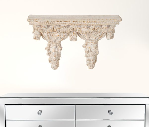 Rustic and Antiqued White and Gold Scroll Wall Shelf - Image 2