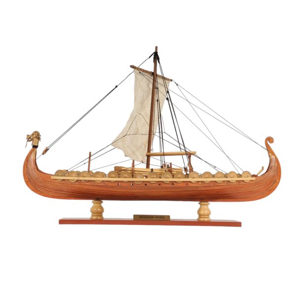 13" Wood Brown Drakkar Viking Hand Painted Boat - Image 2