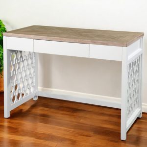 43" Natural And White Writing Desk With Three Drawers