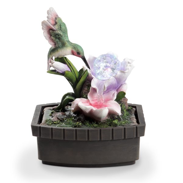 11" Pink Green And Brown Polyresin Hummingbird Tabletop Fountain - Image 2