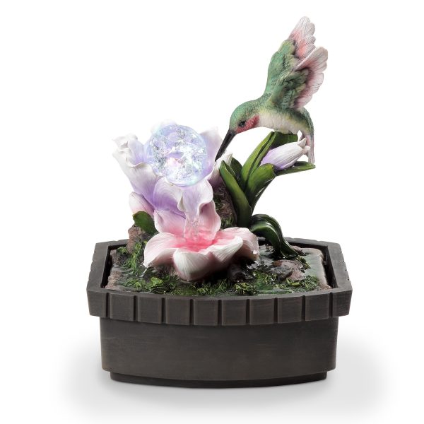 11" Pink Green And Brown Polyresin Hummingbird Tabletop Fountain - Image 3