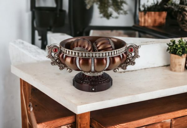 9" Reddish Bronze And Silver Polyresin Decorative Bowl With Orbs - Image 2