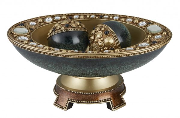 8" Marbleized Green And Gold Polyresin Decorative Bowl With Orbs - Image 3