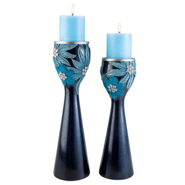 Set Of Two Navy and Aqua Floral Bling Candle Holders with Candles - Image 3