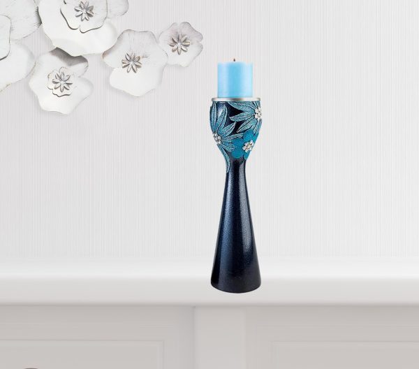Set Of Two Navy and Aqua Floral Bling Candle Holders with Candles - Image 2