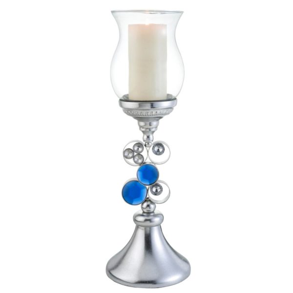 21" Silver and Blue Faux Crystal Bling Hurricane Candle Holder - Image 3