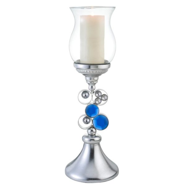 21" Silver and Blue Faux Crystal Bling Hurricane Candle Holder - Image 2