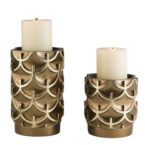 Set Of Two Antiqued Brass Tabletop Pillar Candle Holders - Image 2