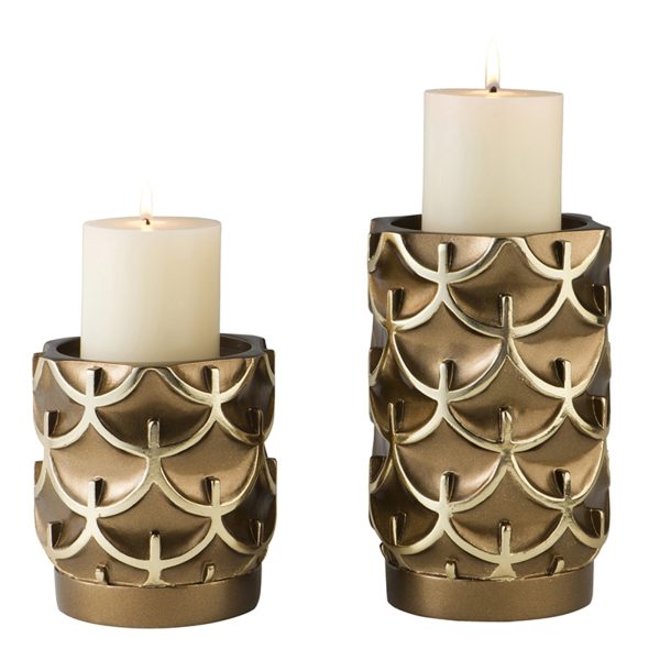 Set Of Two Antiqued Brass Tabletop Pillar Candle Holders - Image 3