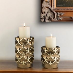Set Of Two Antiqued Brass Tabletop Pillar Candle Holders